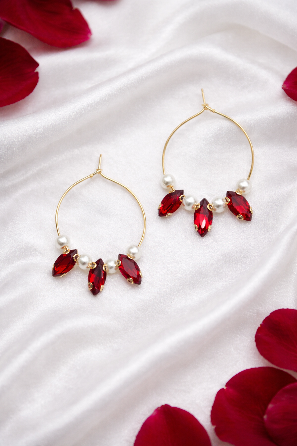 Simulated Ruby Red Stone with Pearl Hoops
