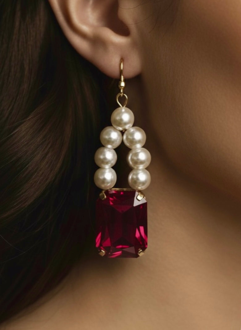 Simulated Ruby Stone & Pearls Earring