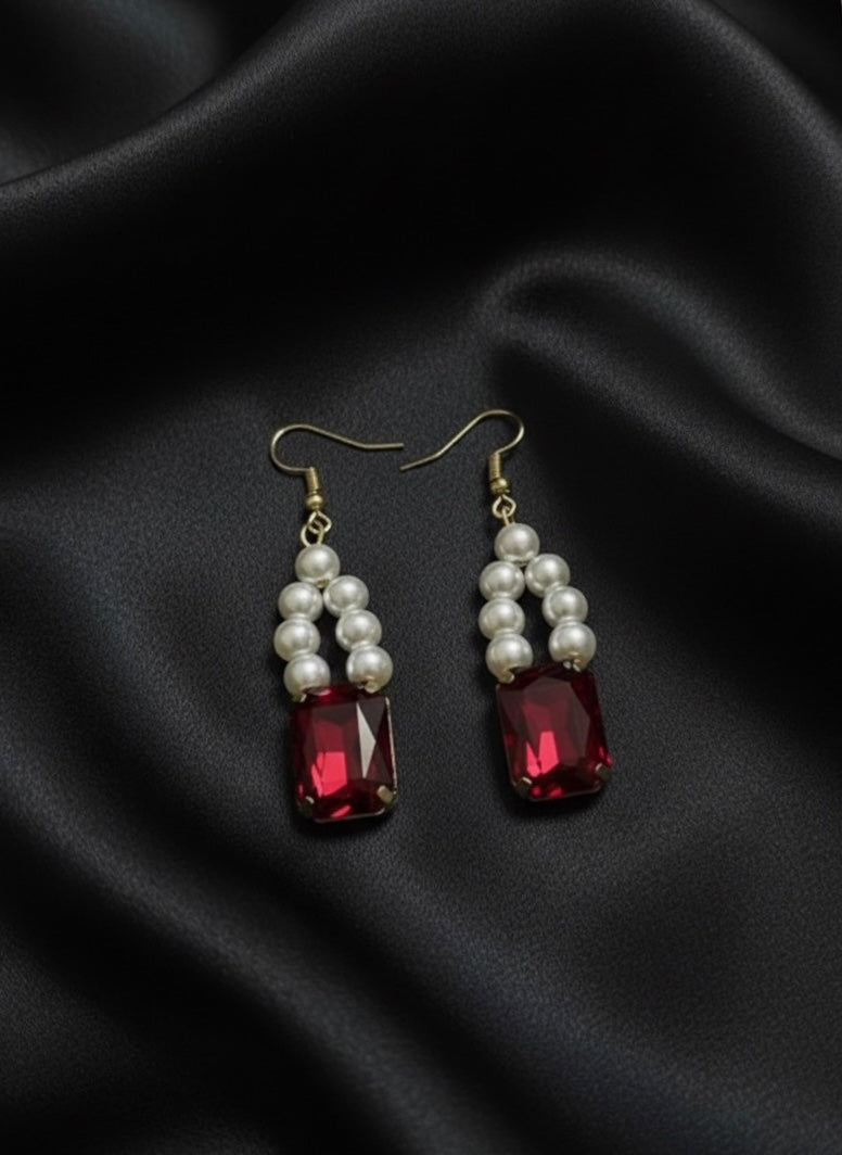 Simulated Ruby Stone & Pearls Earring