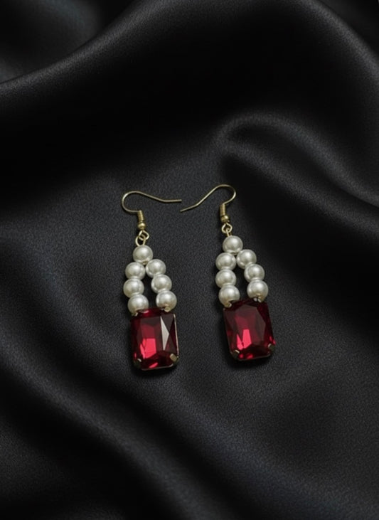Simulated Ruby Stone & Pearls Earring