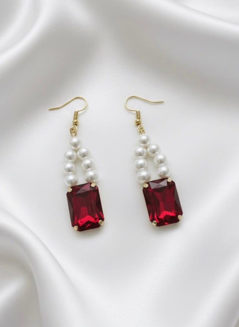 Simulated Ruby Stone & Pearls Earring