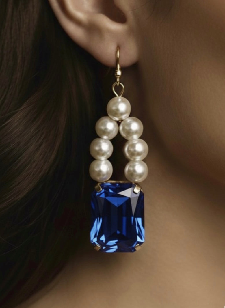 Simulated Sapphire Stone & Pearls Earring