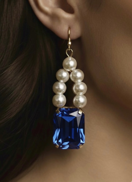 Simulated Sapphire Stone & Pearls Earring