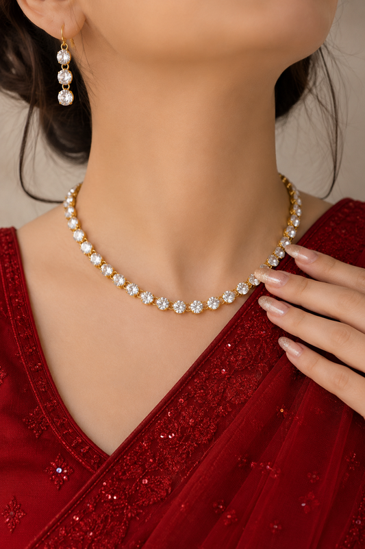 Tennis Round Diamond Cut Necklace with Earrings Set