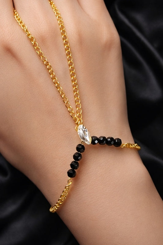 The Freya Finger Ring Chain Bracelet - Black & Silver