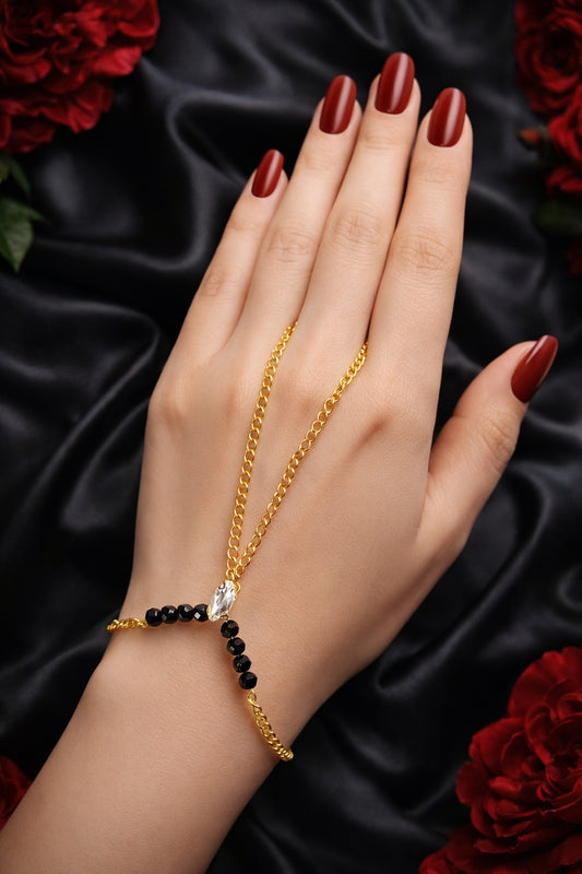 The Freya Finger Ring Chain Bracelet - Black & Silver