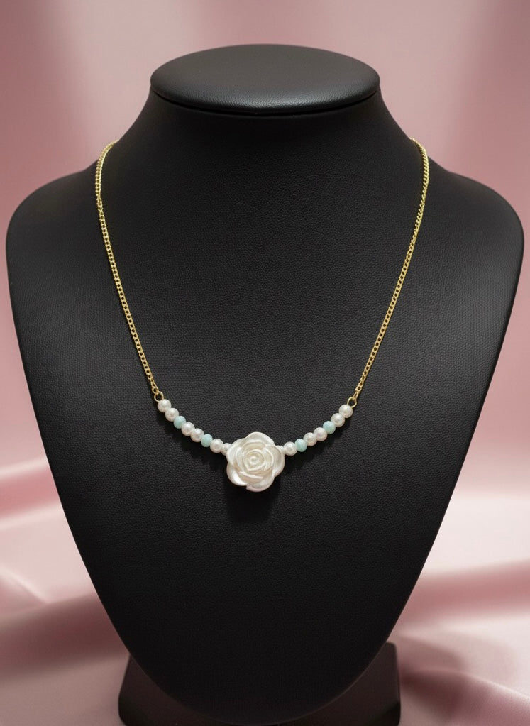 Turquoise & Pearl Rose Chain Necklace