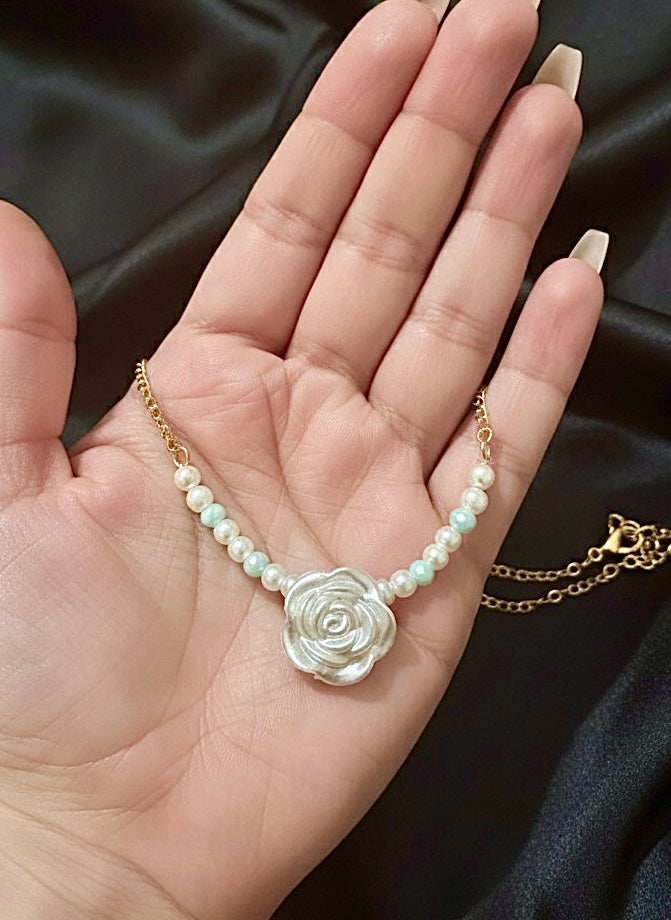 Turquoise & Pearl Rose Chain Necklace
