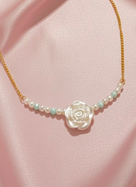 Turquoise & Pearl Rose Chain Necklace
